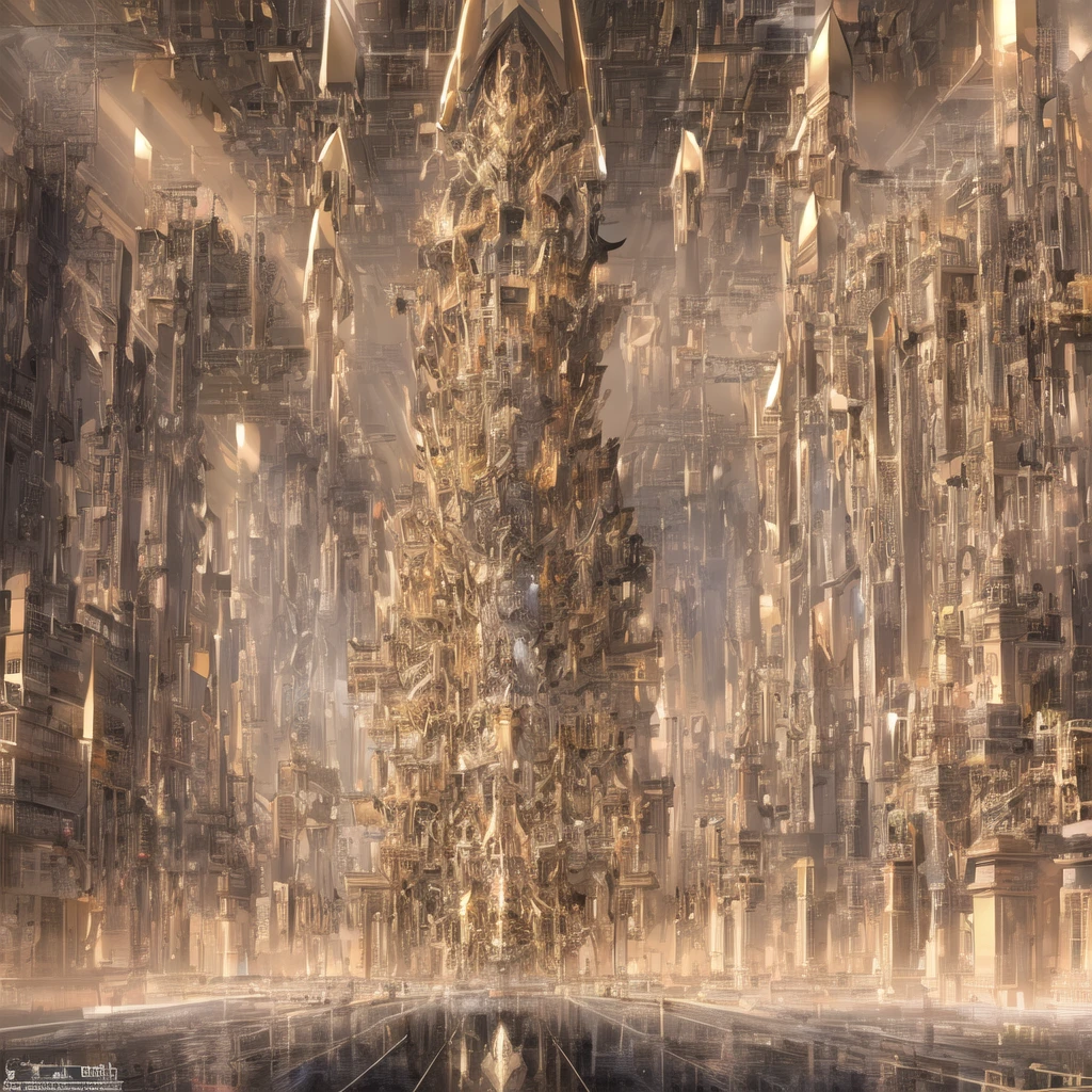 highly detailed, futuristic architectural sketch of a postmodern human habitat, drawn in a beautiful, mesmerizing golden hue. The lighting should evoke a sense of grandeur and awe, similar to the given reference image. The design should feature intricate lines and structures, capturing the complexity and beauty of the building. The style should be a blend of advanced technology and elegance, reflecting themes of health, happiness, self-discipline, and technological advancement