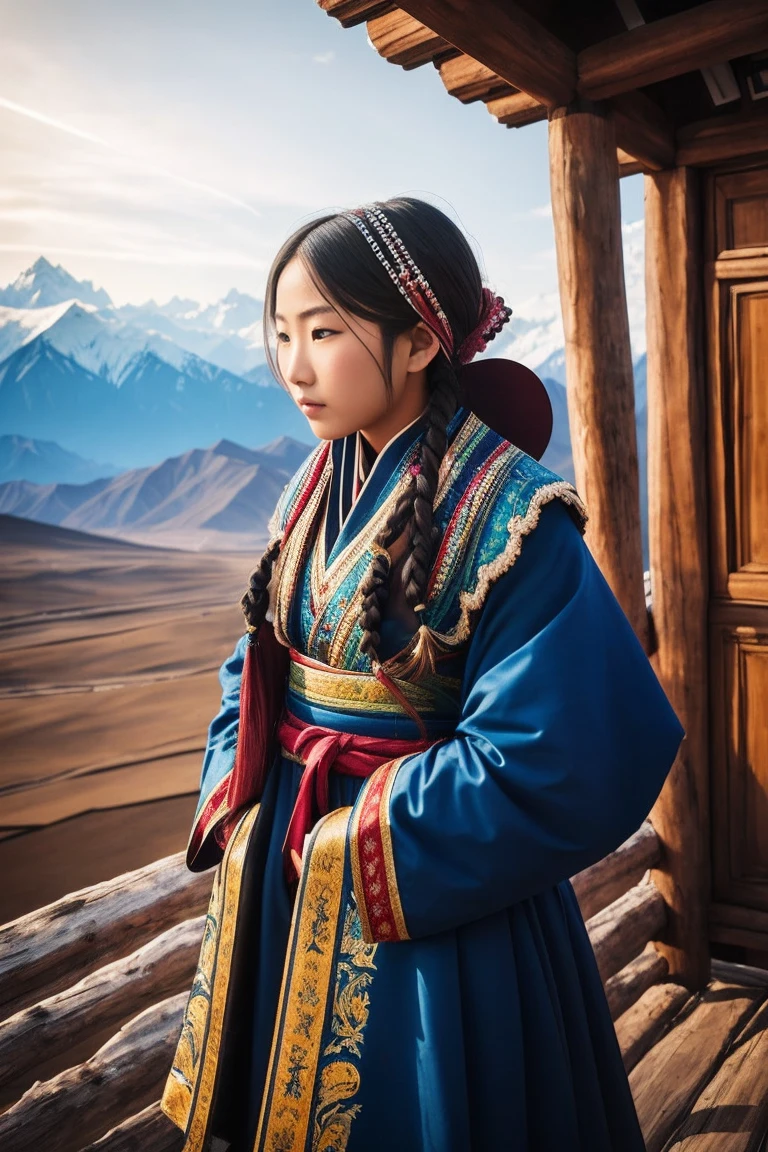 surrealism, Verism, Chiaroscuro, Depth of field, Cinematic lighting, movie picture quality，strong contrast of light and shadow，back lit lighting, filmgrain, hyper HD, Masterpiece, ccurate, Textured skin, Super detail, High details, High quality, Best quality, A high resolution, 8K,The scene is the scenery of the Qinghai-Tibet Plateau，There are snowy mountains，prayer flags，wooden cabin，「A beautiful 28-year-old Tibetan girl」，The costumes are Tibetan art costumes，Photographic style