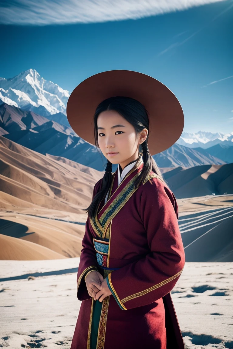 surrealism, Verism, Chiaroscuro, Depth of field, Cinematic lighting, movie picture quality，strong contrast of light and shadow，back lit lighting, filmgrain, hyper HD, Masterpiece, ccurate, Textured skin, Super detail, High details, High quality, Best quality, A high resolution, 8K,The scene is the scenery of the Qinghai-Tibet Plateau，There are snowy mountains，prayer flags，wooden cabin，「A beautiful 28-year-old Tibetan girl」，The costumes are Tibetan art costumes，Photographic style