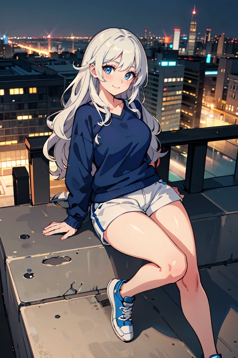 masterpiece, best quality, highly detailed background, perfect lighting, best quality, (extremely detailed face), volumetric lighting, intricate details, shadow, tonemapping, sharp focus, hyper detailed, trending on Artstation, (solo) ((Looking at the viewer)), ((city background)) .Girl with long Grey hair (Wavy hair). Blue eyes. curvy. Blush, Clear skin. Big bust. Smile ((Scantily clad)) ((Sports shoes, navy blue sweatshirt)) ((white shorts))