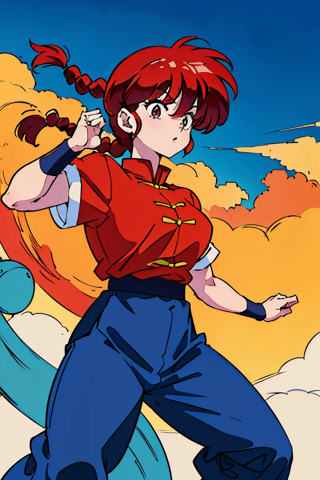 (8k, Foto RAW, La mejor calidad, Obra maestra:1.2), Ranma Chan, Ranma Red Shirt, red hair, braided belt, blue pants, martial art