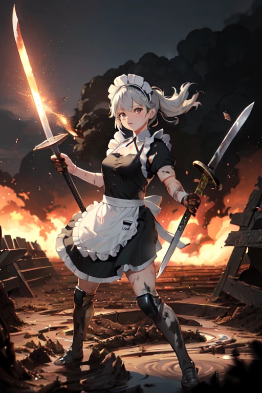 ((Highest quality:1.6)), ((Ultra-high resolution:1.6)), ((masterpiece)), (detailed:1.4), (detailedな顔), girl, cute, strong, Serious, Small breasts, Silver Hair, Fighting with a large sword, (black and white maid outfit, Black Dress, Headband, Long, Classic, Short sleeve), scratch, Blood, ((Apron is torn:1.4)), ((衣服に剣で斬れたscratch:1.6)), Fighting with a giant sword, (剣の斬撃によるscratch:1.6, Hit:1.6), Combat Ready, (Damage to waist apron:1.6), Big crisis, being cornered, 燃えているbattlefield, battlefield, explosion, Flaming, war, (Severe dirt all over the body, Covered in mud, Covered in charcoal:1.6), (Shabby maid:1.6), Holding a two-handed sword, Pointing the blade at the enemy, Tsuba competition, Suppress the enemy, Swinging a sword with both hands, Shootout,