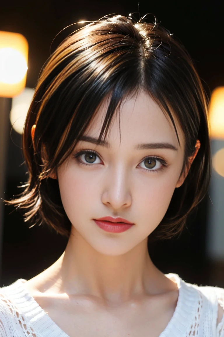 (masterpiece:1.3), (8K, Realistic, RAW Photos, Highest quality: 1.4), (One girl), Beautiful Face, (Realistic Face), (Black Hair, short hair:1.3), Beautiful hairstyle, Realistic eyes, Beautiful attention to detail, (Realistic Skin), Beautiful Skin, (sweater), Absurd, Charm, Ultra-high resolution, Ultra-realistic, Very detailed, Golden Ratio