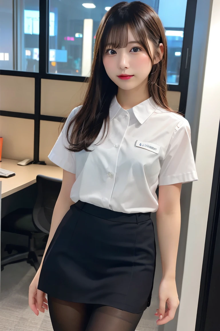 (Ultra-detailed、8K、RAW Photos)、alone、(A woman in her 30s wearing a Japanese company uniform)、office、night、(Black Pantyhose)、View PC、Trouble、Realistic Skin