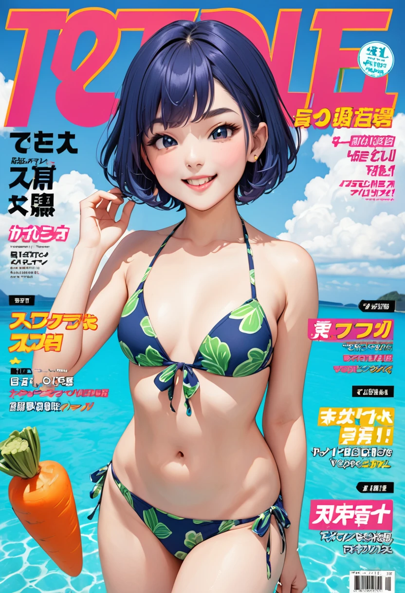 (vegetable magazine cover:1.3),(masterpiece, best quality:1.1),A gravure photo of a vegetable costume girl, cute,with a model posing ,vegetable pattern bikini,model posing,summer,whole body,BREAK.(tween,detailed face,(darkblue wavy-short hair),eyebrows),smile,slutty,carrot