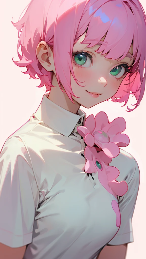 One Girl、single、alone、Trypophobia Eyes、Pink Hair、short hair、bangs、Green Eyes、Beautiful Eyes、White polo shirt、From the side、Upper body close-up、Side body、smile