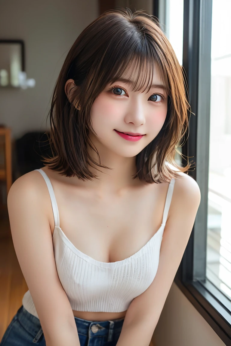 Highest quality, (beautiful)、Super delicate eyes、Brown eyes、22-year-old female、Brown Hair、looking at the camera、Semi-short hair、Camisole pulled down low enough to expose nipples、Soft Breasts、smile、Shorts、Gal、indoor