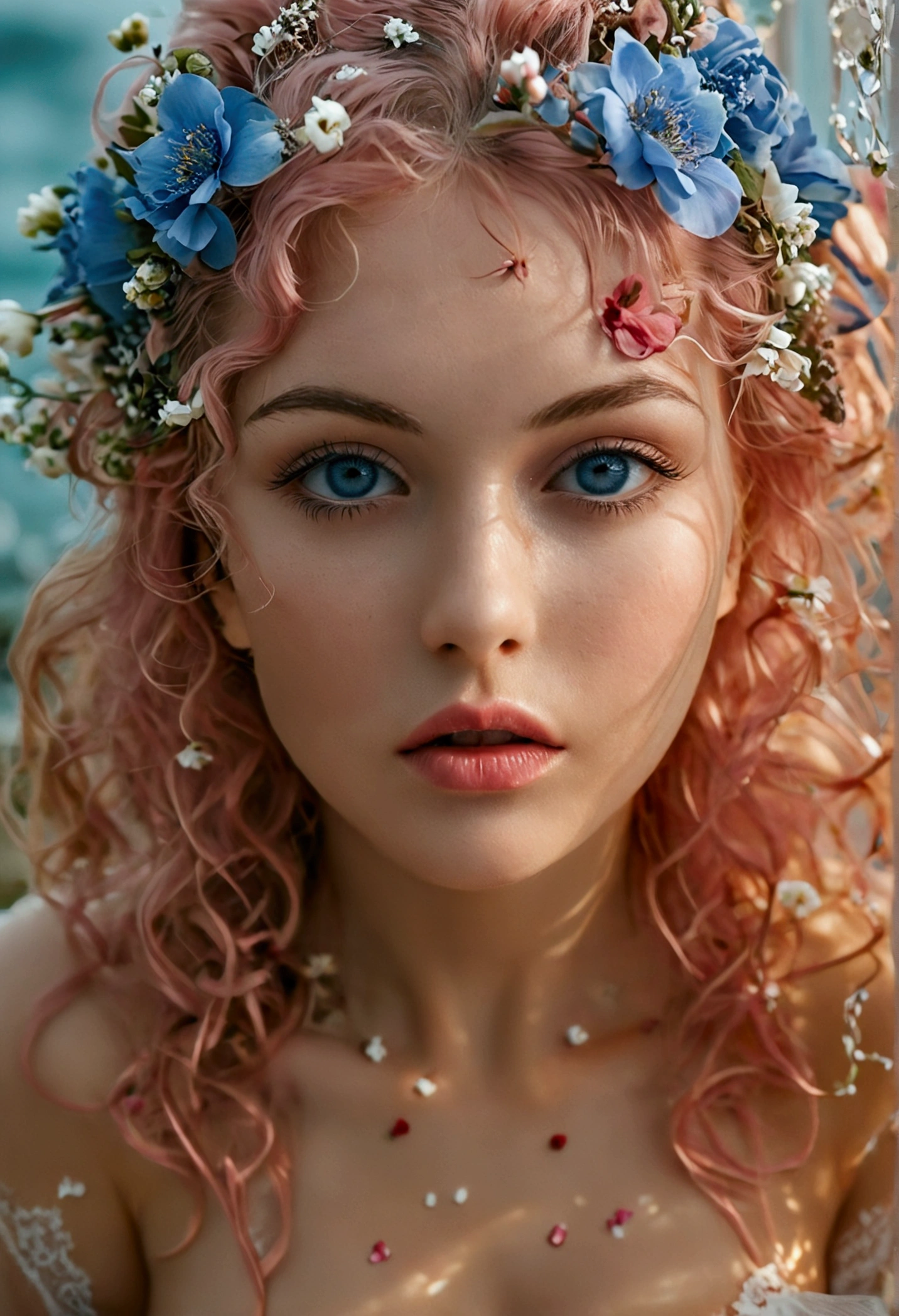 ( Absurde , haute qualité , ultra détaillé, attention avec la main )Zodiaque - Déesse Cancer , semblable au latin bonté , intelligent, rusé, rationnel, visage volontaire , mature , Tenace, lunatique, irritable, style oppressant ,  yeux bleu océan(détail des yeux), cheveux longs , cheveux rose foncé , robe transparente , Lingerie en dentelle, dans l&#39;océan avec des fleurs  , tout le corps , maquillage innocent , ((naked))