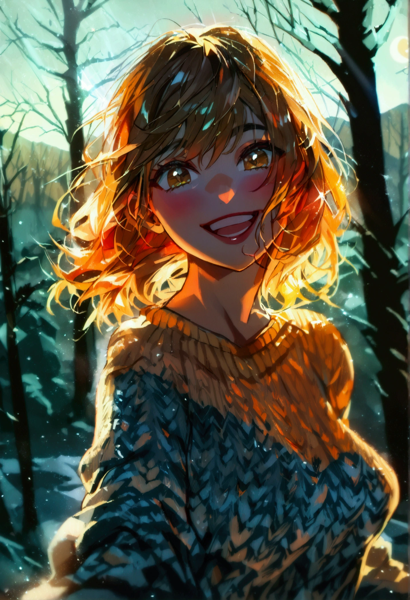 Veronica Cypher ((Upper body selfie, Happy)), masterpiece, Highest quality, Super detailed, alone, Outdoor, (night), Mountain, nature, (star, moon) Hilarious, Happy, Gloves, sweater, Have, flashlight, forest, rock, river, wood, cigarette, Shadow, Contrast, sunny, Analog Style (View the viewer:1.2) (Skin Texture) (Film Grain: 1.3), (Warm colors, Warm tones): 1.2), close, Cinematic Light, Side light, Ultra-high resolution, Best Shadow, born, Wearing a pullover, Kodak Vision 3,