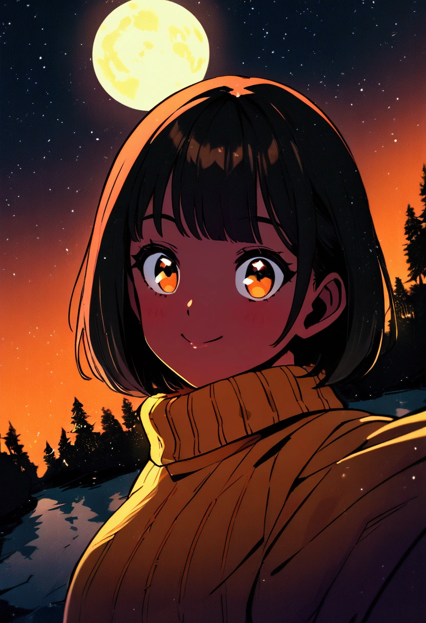 Veronica Cypher ((Upper body selfie, Happy)), masterpiece, Highest quality, Super detailed, alone, Outdoor, (night), Mountain, nature, (star, moon) Hilarious, Happy, Gloves, sweater, Have, flashlight, forest, rock, river, wood, cigarette, Shadow, Contrast, sunny, Analog Style (View the viewer:1.2) (Skin Texture) (Film Grain: 1.3), (Warm colors, Warm tones): 1.2), close, Cinematic Light, Side light, Ultra-high resolution, Best Shadow, born, Wearing a pullover, Kodak Vision 3,