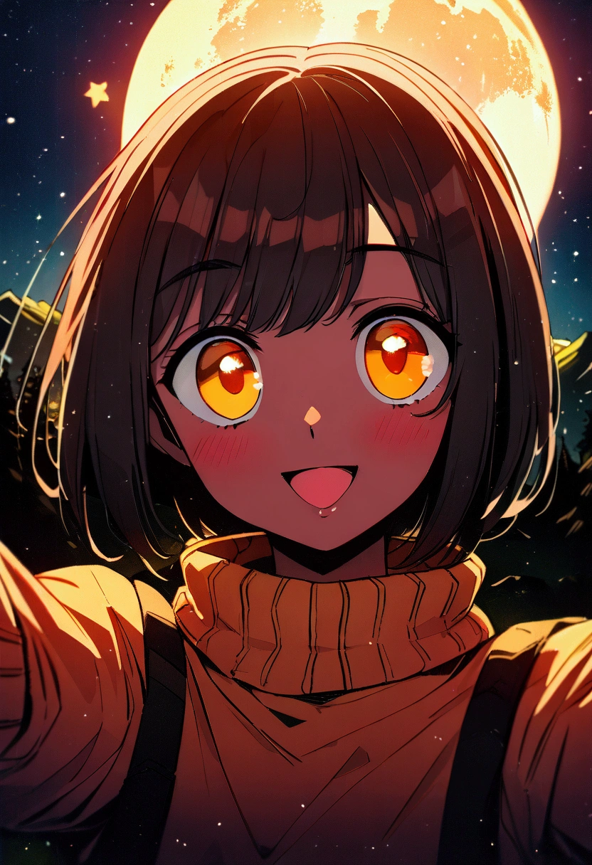 Veronica Cypher ((Upper body selfie, Happy)), masterpiece, Highest quality, Super detailed, alone, Outdoor, (night), Mountain, nature, (star, moon) Hilarious, Happy, Gloves, sweater, Have, flashlight, forest, rock, river, wood, cigarette, Shadow, Contrast, sunny, Analog Style (View the viewer:1.2) (Skin Texture) (Film Grain: 1.3), (Warm colors, Warm tones): 1.2), close, Cinematic Light, Side light, Ultra-high resolution, Best Shadow, born, Wearing a pullover, Kodak Vision 3,