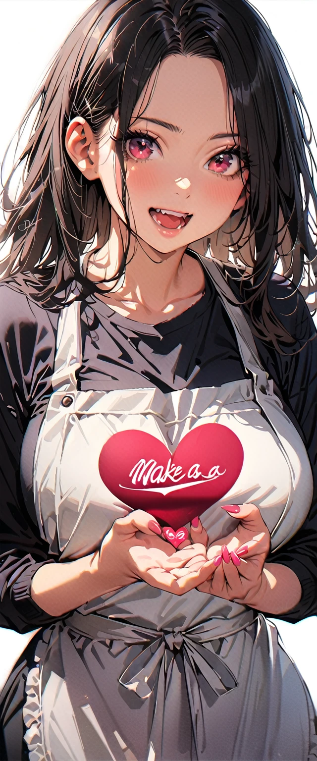 20 years old,1 mature woman,hyperrealistic, 8k, (extremely detailed 8k), (very delicate and beautiful), (masterpiece), (better quality:1.0), (ultra high resolution:1.0), (masterpiece, best quality),cute,black hair,cowboy shot,white background,realistic skin,apron,make a heart with own hands,big breasts,excited,pink nail,tanned skin,forehead