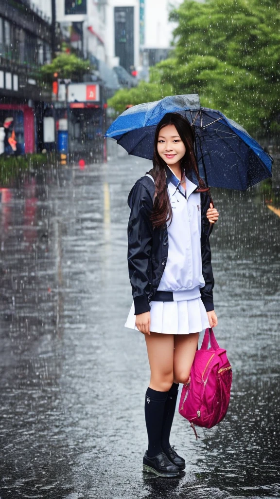 One girl, japanese, rain-wet hair, rain-wet clothes, rain-wet legs, rain-wet face, messy hair, whole body wet with rain, (((school uniform))), 20 years old, beautiful woman, pretty face, cute face, rainy cityscape