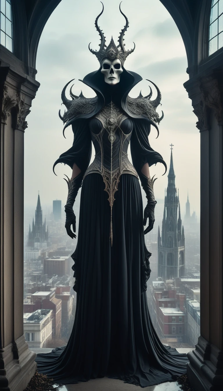 A stylish, eerie dead creature stands atop a fantastical city, designed by Peter Mohrbacher, captured in a photojournalism style on Kodak Ektar 100 film. The creature's decayed yet elegant form is clad in intricate, tattered clothing, exuding a macabre sophistication. Its hollow, haunting eyes gaze over the sprawling cityscape of towering spires and ethereal architecture, with hexagonal windows and iridescent details. The medium shot, taken with a Sony A7R IV using an anamorphic lens, reveals the creature's commanding presence against the backdrop of the fantasy city, bathed in natural light. The scene, styled after Helmut Newton's nostalgic and evocative photography, blends the eerie and the beautiful, capturing a moment of haunting elegance in an otherworldly setting.