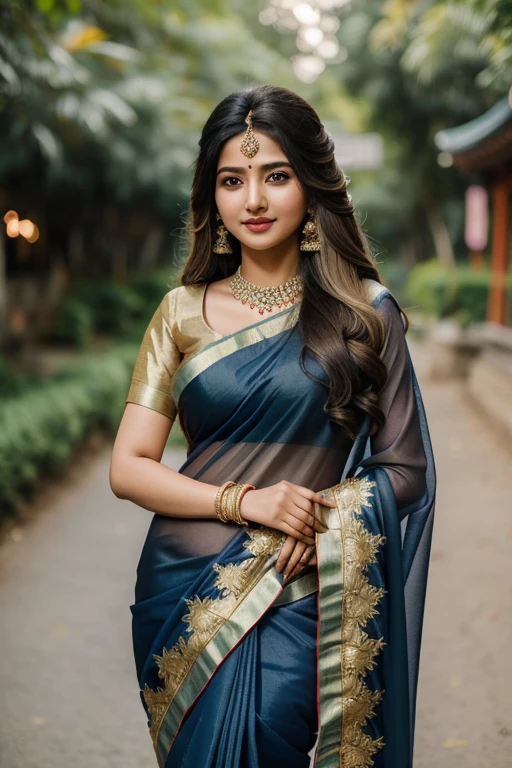 (((desi girl))), chubby face, ((korean face)), natural skin, wearing blue bridal saree, charming black hair, ((long hair ends are blonde)), greenery village background, bokeh