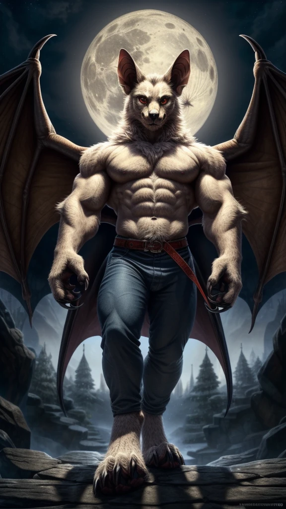 A furry, bestial, must have a wide, muscular and anthropomorphic body with bat-like characteristics, body completely covered in hair, head must have features of a humanoid bat, two pairs of wings, similar to those of a bat, white fur, arms and legs they must be strong and muscular, with huge wild paws with sharp claws, bright red eyes, wearing blue pants, tied at the waist with a red sash, with a full moon in the background, clear lights, full body image, ( (highly detailed eyes)), (highly detailed and drawn eyes), ((highly detailed face)), ((highly detailed wild paws)), ((masterpiece, high resolution, 4k)), showing claws to the viewer