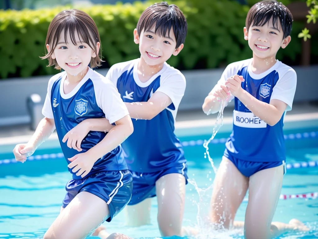 hot summer、primary school、Summer swimming pool、Have fun、Get wet all over、Japan Boy、Glowing water splashes、Pool lessons、Boy playing in water、The happy boys、Strong sunlight、Short sleeve gym uniform、Blue shorts、barefoot，Boys only 、１０age、high resolution、masterpiece