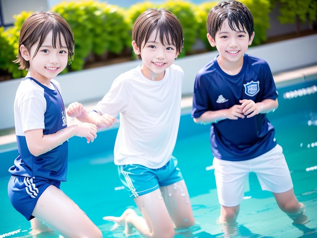 hot summer、、Summer swimming pool、Have fun、Get wet all over、Japan Boy、Glowing water splashes、Pool lessons、Boy playing in water、The happy boys、Strong sunlight、Short sleeve gym uniform、Blue shorts、barefoot,Boys only 、10age、high resolution、masterpiece