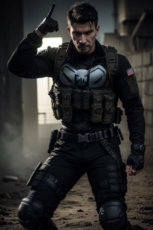 Castle Frank, (( 30 years old )), (( The Punisher MARVEL comics )), with ballistic operational military tactical modular vest (( black, skull printed on the chest )), (( black ACU MILITARY UNIFORM WITH KNEE PADS )), (( military tactical half-finger paintball gloves black microfiber )), (( dog tag )), (( Red Dragon Motocross Knee Pad )), (( Military Boots in Leather and Canvas Cordura Extra Light Military Tactical Bmbrasil Black )), (( Hammer PRO Belica waist holster ) ), edgy, black hair, short hair, im a black motorcycle kawazaki ninja,cinematic lighting, Hyperrealism, multi-view, Nikon, multi-view, Artwork, textured skin, high resolution, 8K