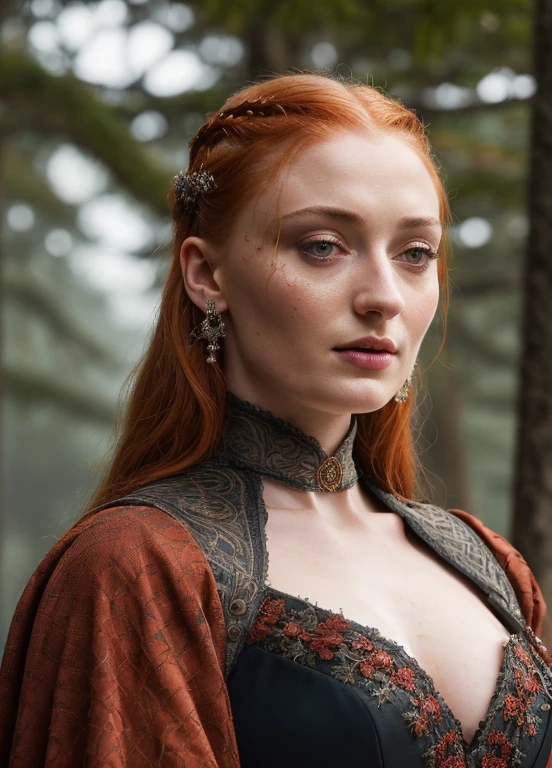 Face of Sophie Turner, Sansa Stark played by Sophie Turner, the de facto Lady of the Eyrie, is a 40-year-old mature queen with a stunning, alluring appearance. Full Face, pierced eyes, reddish lips, upper body shot, erotic Mediaeval costumes, game of thrones costumes, She wears a Game of Thrones-inspired costume and has a deep cleavage, a perfect thick body, and a perfect thick figure. The photograph captures her in a close-up, with her skin texture and facial features being ultra-realistic and realistic. Juicy thick figure, high quality skin, Skin pores, amazing details, snow, snow flakes, semi realistic, extremely detailed eyes, dark moody orange and black settings, cool environment, artificial intelligence