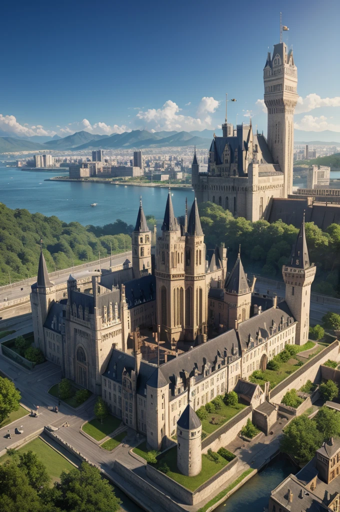 Create a city with a prison a bank a castle