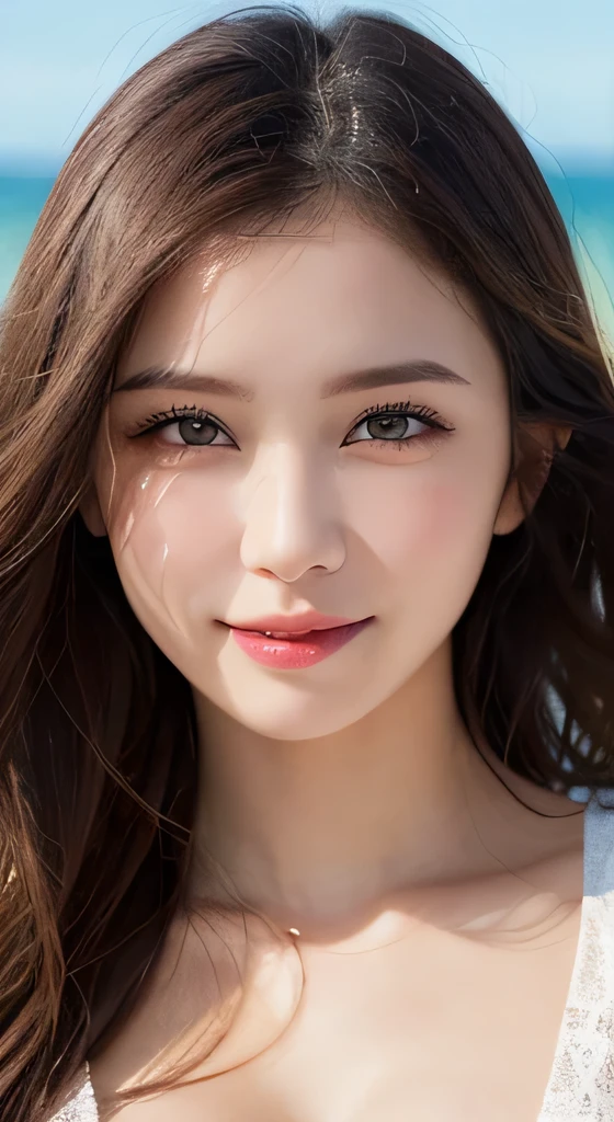 8K,Pieces fly, Highest quality, figure, Very detailed, finely, High resolution, 8k wallpaper, Perfect dynamic composition, Dark and beautiful eyes, Natural color lip,Beach, Random cute poses,smile,Cleavage,Detailed eyes,Portrait