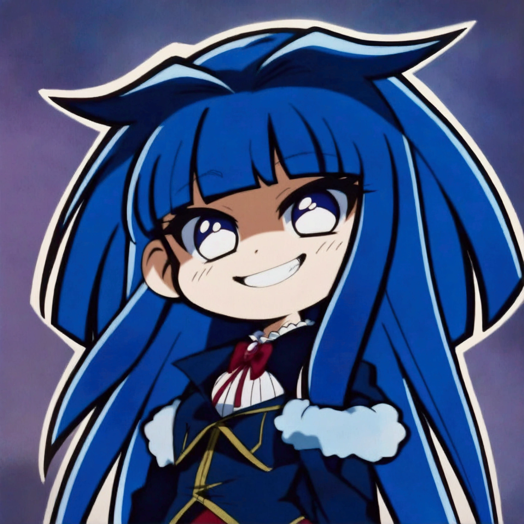 Close-up of a cartoon character with blue hair and blue outfit, anime moe artstyle, 2D anime style, [[[[grinning evilly]]]], , cel - shaded art style, I&#39;ll do fanart too, nasty grin, hero 2d fanart art, chibi, vampire
