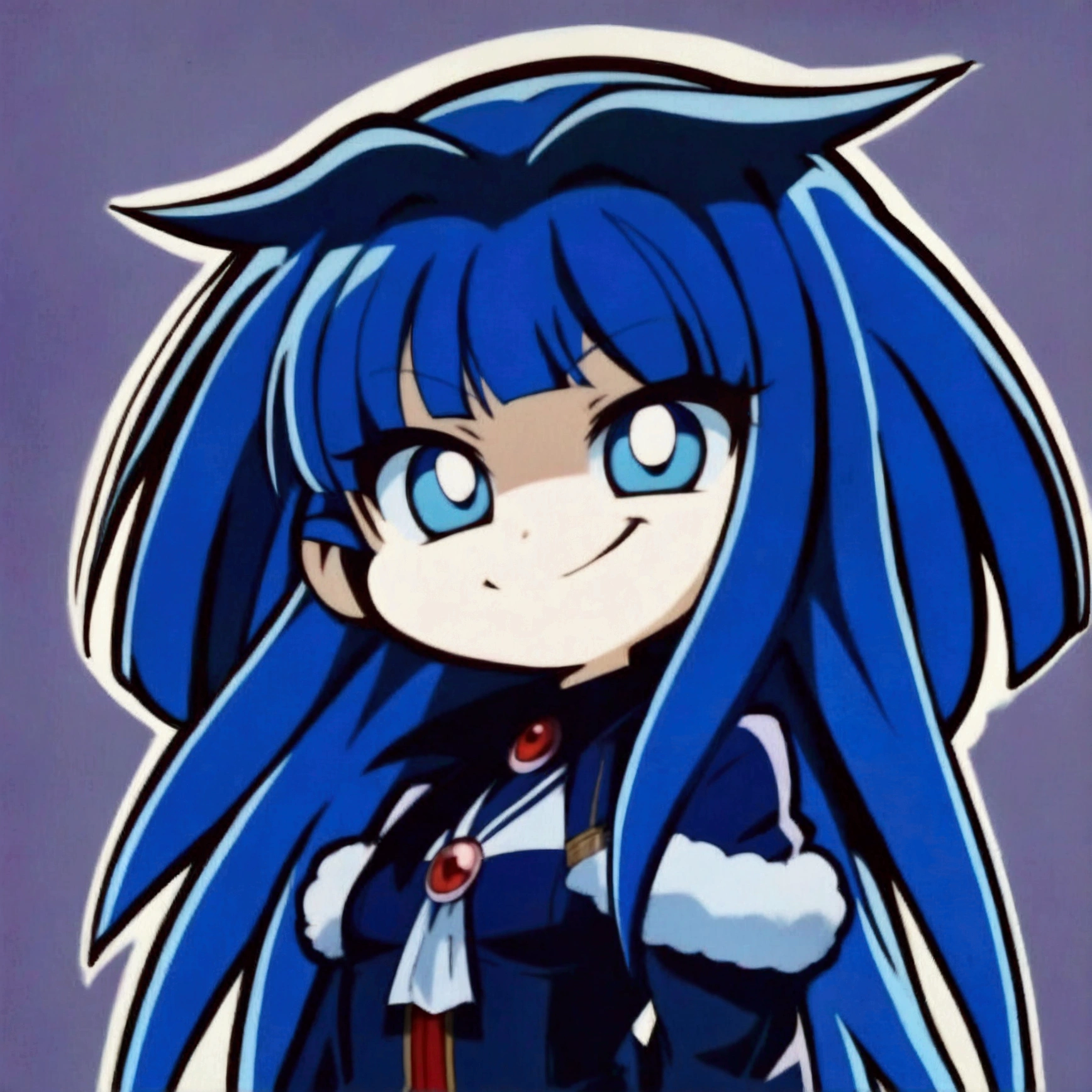Close-up of a cartoon character with blue hair and blue outfit, anime moe artstyle, 2D anime style, [[[[grinning evilly]]]], , cel - shaded art style, I&#39;ll do fanart too, nasty grin, hero 2d fanart art, chibi, vampire