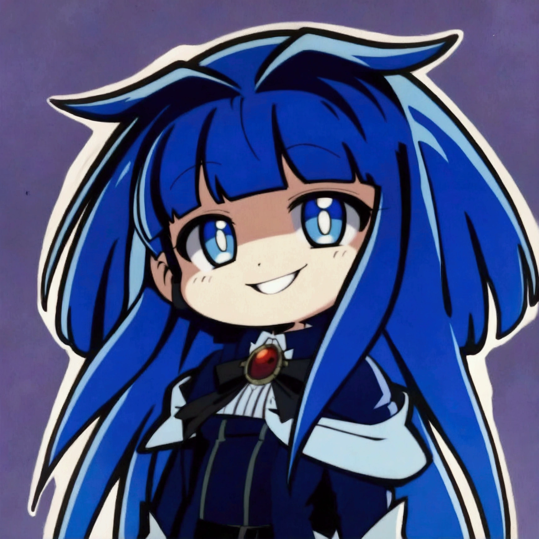 Close-up of a cartoon character with blue hair and blue outfit, anime moe artstyle, 2D anime style, [[[[grinning evilly]]]], , cel - shaded art style, I&#39;ll do fanart too, nasty grin, hero 2d fanart art, chibi, vampire