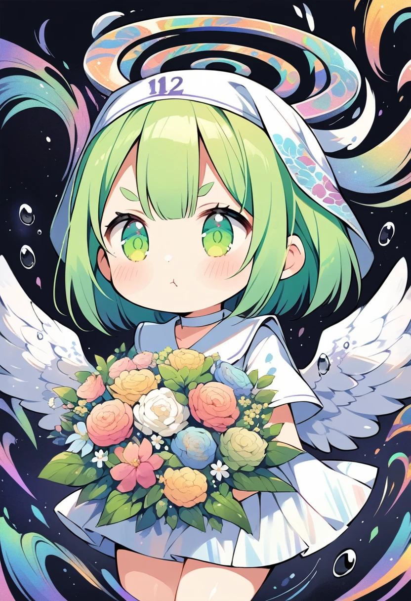 (loli:1.4),(little female child:1.4), cute face, 6 years old,kawaii, (highlight on eyes:1.1), small breast, (jiggly:0.8), shiny skin,(mini girl:1.5),
BREAK 
(green maro eyebrows:1.2), :<, (jitome:1.1),pouty and slightly grumpy,(medium green hair:1.3),pout,disgusted eyes, green eyes, puffy eyes,
BREAK
breathtalking Scenery, breathtalking Beauty, breathtalking Cute,scenery, (best quality, masterpiece:1.2), (ultra high quality:1.2),smooth soft skin, natural skin,watercolor,
BREAK
marbled patterns nun dress, (marbling botanical pattern veil),(marbling angel wings:1.2),marbling (angel halo:1.2),blush,choker,nun,excessive detailed collarbone,
BREAK 
(marbling:1.5), marbled patterns,(swirling colors:1.2), abstract art, ink on water, floating water drops,water effect, ink,  zentangle,fractal,entangle,swirl,floral pattern,
BREAK
flower bouquet, (digits behind bouquet:1.3), (hands behind bouquet:1.3),
(holding bouquet:1.1), celebration, Congratulations,confetti, bloom effect,dynamicangle,pastelcolor,upturned eyes,