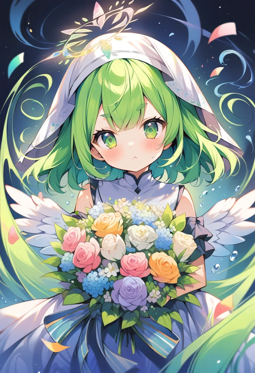 (loli:1.4),(little female child:1.4), cute face, 6 years old,kawaii, (highlight on eyes:1.1), small breast, (jiggly:0.8), shiny skin,(mini girl:1.5),
BREAK
(green maro eyebrows:1.2), :<, (jitome:1.1),pouty and slightly grumpy,(medium green hair:1.3),pout,disgusted eyes, green eyes, puffy eyes,
BREAK
breathtalking Scenery, breathtalking Beauty, breathtalking Cute,scenery, (best quality, masterpiece:1.2), (ultra high quality:1.2),smooth soft skin, natural skin,watercolor,
BREAK
marbled patterns nun dress, (marbling botanical pattern veil),(marbling angel wings:1.2),marbling (angel halo:1.2),blush,choker,nun,excessive detailed collarbone,
BREAK
(marbling:1.5), marbled patterns,(swirling colors:1.2), abstract art, ink on water, floating water drops,water effect, ink, zentangle,fractal,entangle,swirl,floral pattern,
BREAK
flower bouquet, (digits behind bouquet:1.3), (hands behind bouquet:1.3),
(holding bouquet:1.1), celebration, Congratulations,confetti, bloom effect,dynamicangle,pastelcolor,upturned eyes,