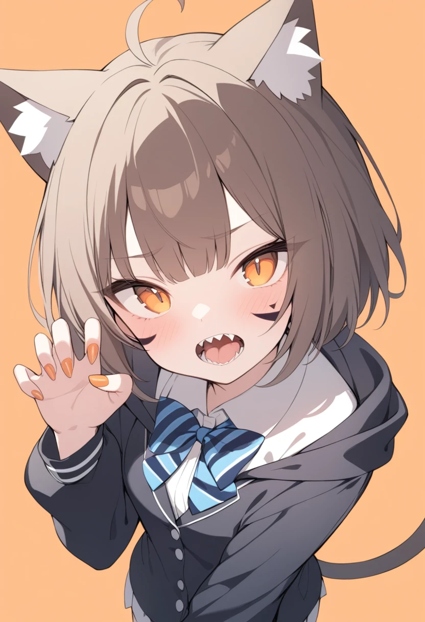 masterpiece, best quality,
1girl, solo, animal ears, bow, teeth, jacket, tail, open mouth, brown hair, orange background, bowtie, orange nails, simple background, cat ears, orange eyes, blue bow, animal ear fluff, cat tail, looking at viewer, upper body, shirt, school uniform, hood, striped bow, striped, white shirt, black jacket, blue bowtie, fingernails, long sleeves, cat girl, bangs, fangs, collared shirt, striped bowtie, short hair, tongue, hoodie, sharp teeth, facial mark, claw pose