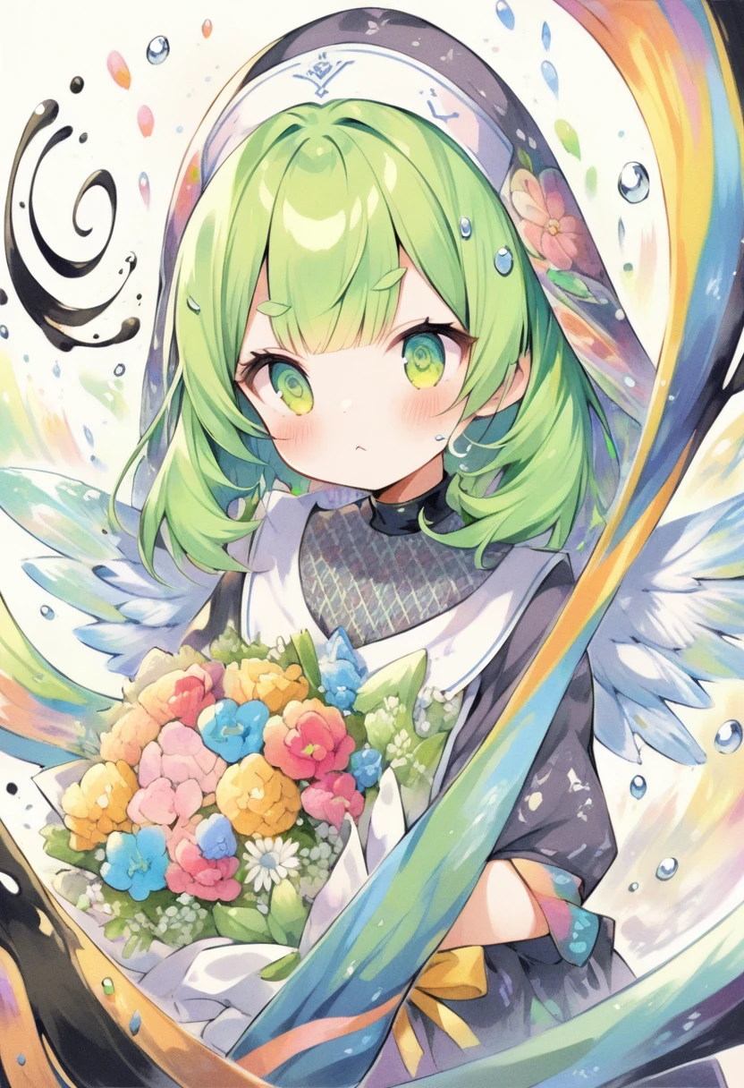 (:1.4),(little female child:1.4), cute face, 6 yeaii, (highlight on eyes:1.1), small breast, (jiggly:0.8), shiny skin,(mini girl:1.5),
BREAK
(green maro eyebrows:1.2), :<, (jitome:1.1),pouty and slightly grumpy,(medium green hair:1.3),pout,disgusted eyes, green eyes, puffy eyes,
BREAK
breathtalking Scenery, breathtalking Beauty, breathtalking Cute,scenery, (best quality, masterpiece:1.2), (ultra high quality:1.2),smooth soft skin, natural skin,watercolor,
BREAK
marbled patterns nun dress, (marbling botanical pattern veil),(marbling angel wings:1.2),marbling (angel halo:1.2),blush,choker,nun,excessive detailed collarbone,
BREAK
(marbling:1.5), (marbled patterns:1.3),(swirling colors:1.2), abstract art, ink on water, floating water drops,water effect, (ink:1.1), zentangle,fractal,entangle,swirl,floral pattern,
BREAK
flower bouquet, (digits behind bouquet:1.3), (hands behind bouquet:1.3),
(holding bouquet:1.1), celebration, Congratulations,confetti, bloom effect,dynamicangle,pastelcolor,upturned eyes,