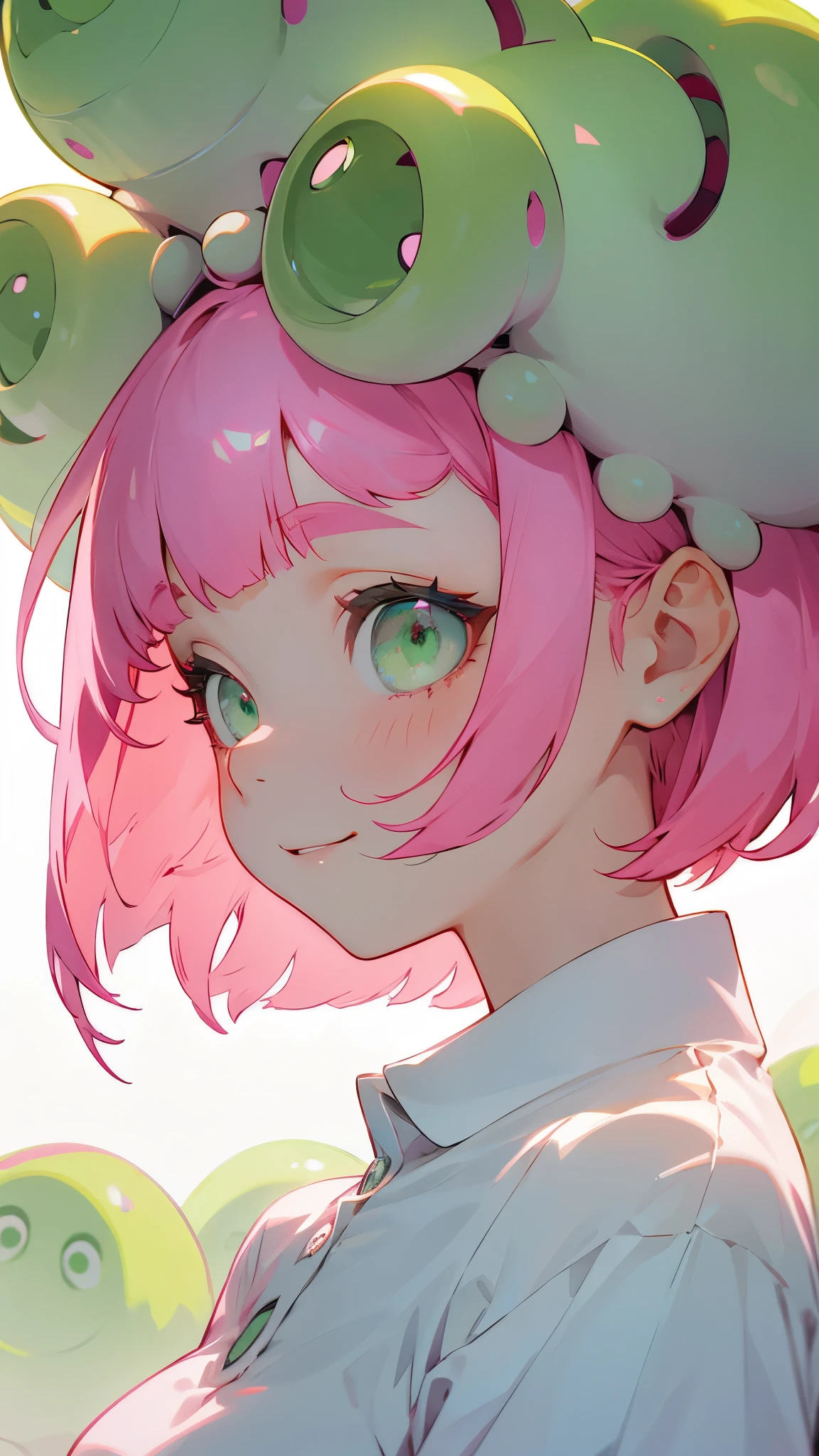 One Girl、single、alone、Trypophobia Eyes、Pink Hair、short hair、bangs、Green Eyes、Beautiful Eyes、White polo shirt、From the side、Upper body close-up、Side body、smile