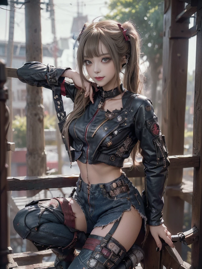 (Full body:1.4)、(Full Body View:1.4)、(Side view:1.1)、(Smiling with teeth showing:1.3),(Shibuya Gal:1.5)、(Beautiful:1.5)、(Punk RockVisual Kei:1.4)、(Burgundy denim with khaki and brown medieval tattered zip up:1.5)、(Wine red arm covers and tattered bugle pants:1.5)、(Wine red high heels:1.3)、(Wearing silver accessories:1.5)、(Dark brown collar:1.4)、(Leather garter belt:1.4)、(Red skin belt:1.3)、(Red lace underwear:1.5)、30 years old、NSFW、((Highest quality、In 8K、masterpiece:1.3))、Sharp focus:1.2、(Layered Cut、Huge boobs:1.1),Beautiful woman with perfect figure:1.4、(Doing an aerobics pose:1.3)、Slender Abs:1.2、Highly detailed face and skin texture、Detailed eyes、double eyelid,(Twin tails:1.3)、(Brown-golden hair:1.3)、Gravure idol、(A fairytale-like cafe with a lush tree background:1.3)、(Slim Body:1.3),(Make your legs thinner:1.4),(Thin, thin thighs:1.3)、(clavicle:1.1)