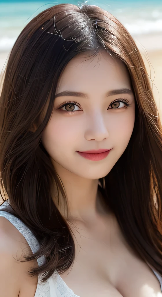 8K,Pieces fly, Highest quality, figure, Very detailed, finely, High resolution, 8k wallpaper, Perfect dynamic composition, Dark and beautiful eyes, Natural color lip,Beach, Random cute poses,smile,Cleavage,Detailed eyes,Portrait