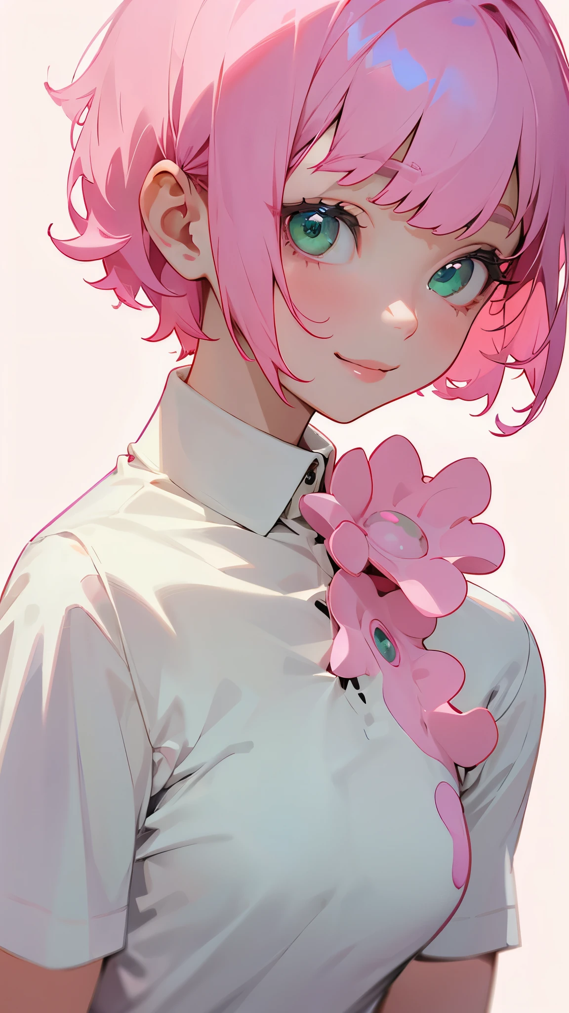 One Girl、single、alone、Trypophobia Eyes、Pink Hair、short hair、bangs、Green Eyes、Beautiful Eyes、White polo shirt、From the side、Upper body close-up、Side body、smile