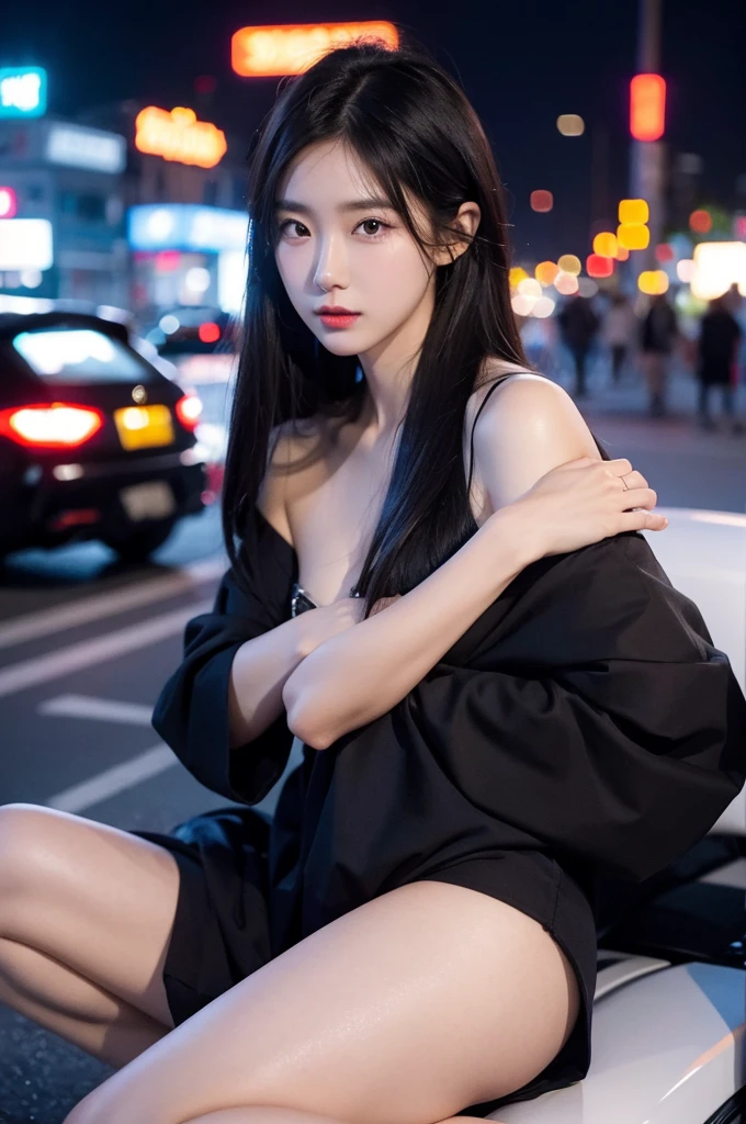 beautiful young korean girl, leaning against luxury car, night city background, scantily dressed, sexy clothes, detailed face, piercing eyes, glossy lips, long eyelashes, elegant pose, glowing skin, intricate details, realistic lighting, cinematic atmosphere, vibrant colors, neon lights, photorealistic, (best quality,4k,8k,highres,masterpiece:1.2),ultra-detailed,(realistic,photorealistic,photo-realistic:1.37)