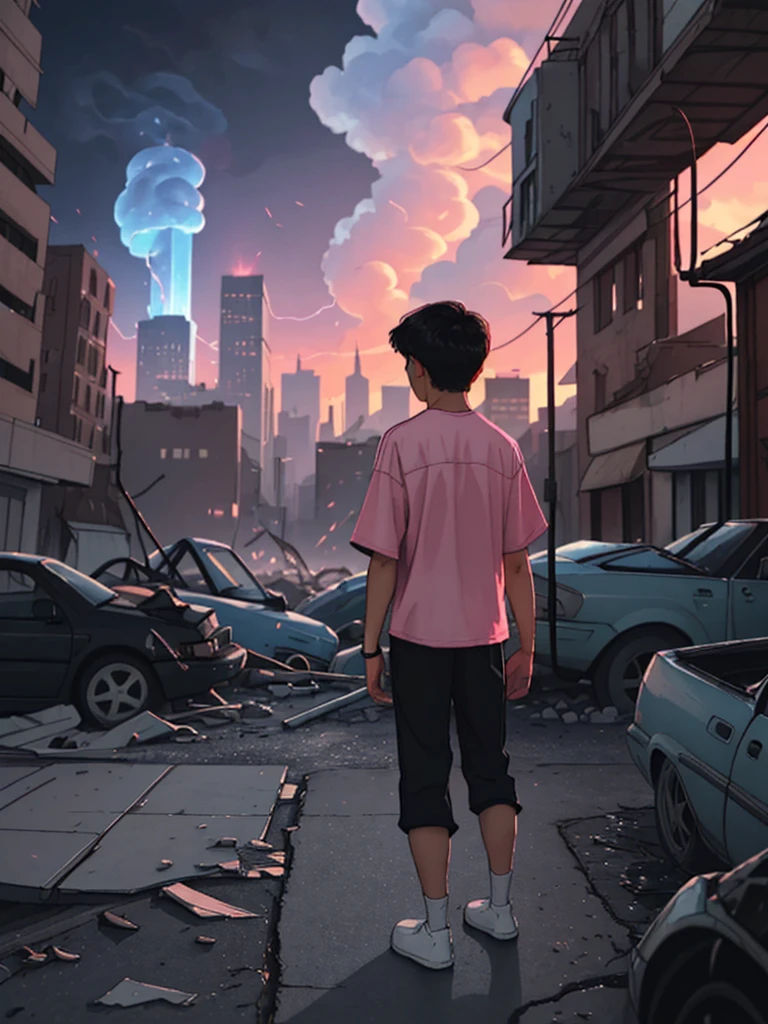 best image], [4k, HD] Boy, short black hair, -13short, light skin, wearing pastel pink shirt, black pants, back to the Looking at destroyed city on blue fire, blue fire in the background