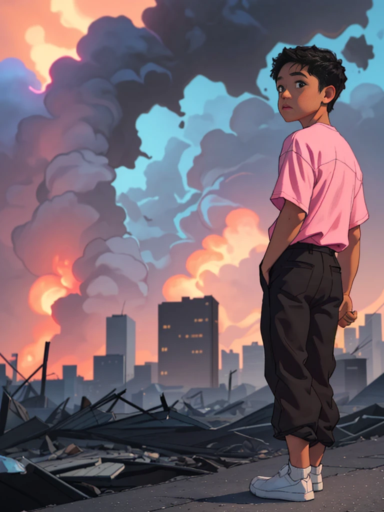 best image], [4k, HD] Boy, short black hair, -13short, light skin, wearing pastel pink shirt, black pants, back to the Looking at destroyed city on blue fire, blue fire in the background