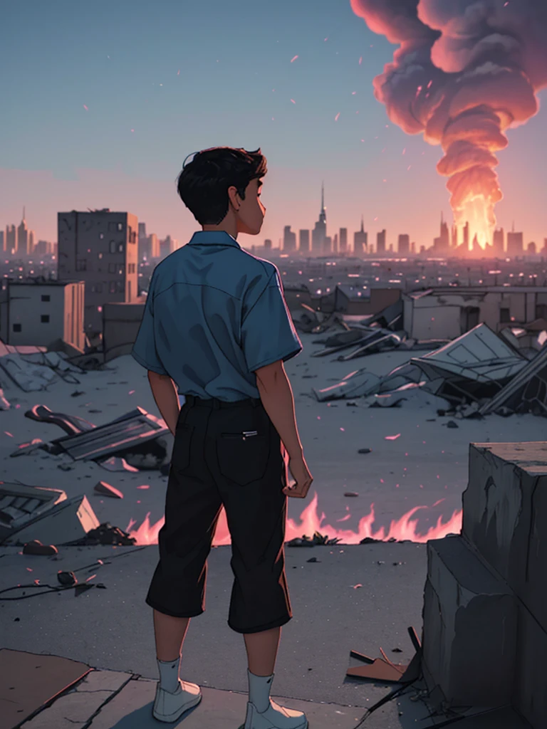 best image], [4k, HD] Boy, short black hair, 11-13 years old, short, light skin, wearing pastel pink shirt, black pants, back to the Looking at destroyed city on blue fire, blue fire in the background