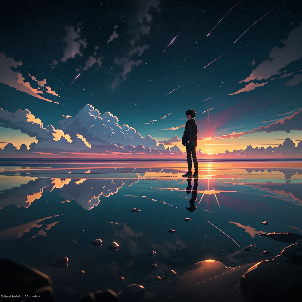 On the beach at night，Anime characters look up at the stars，The image of Cyril Rolandor comes to mind。Set against the backdrop of Makoto Shinkai's cosmic sky，Full of thought and imagination。The gorgeous digital rendering shows Makoto Shinkai's unique artistic style。Feel the mysterious world written by Makoto Shinkai，2160p HD quality，Effects rendered by octane ratings，Let's absorb it！

Prompt type：Various