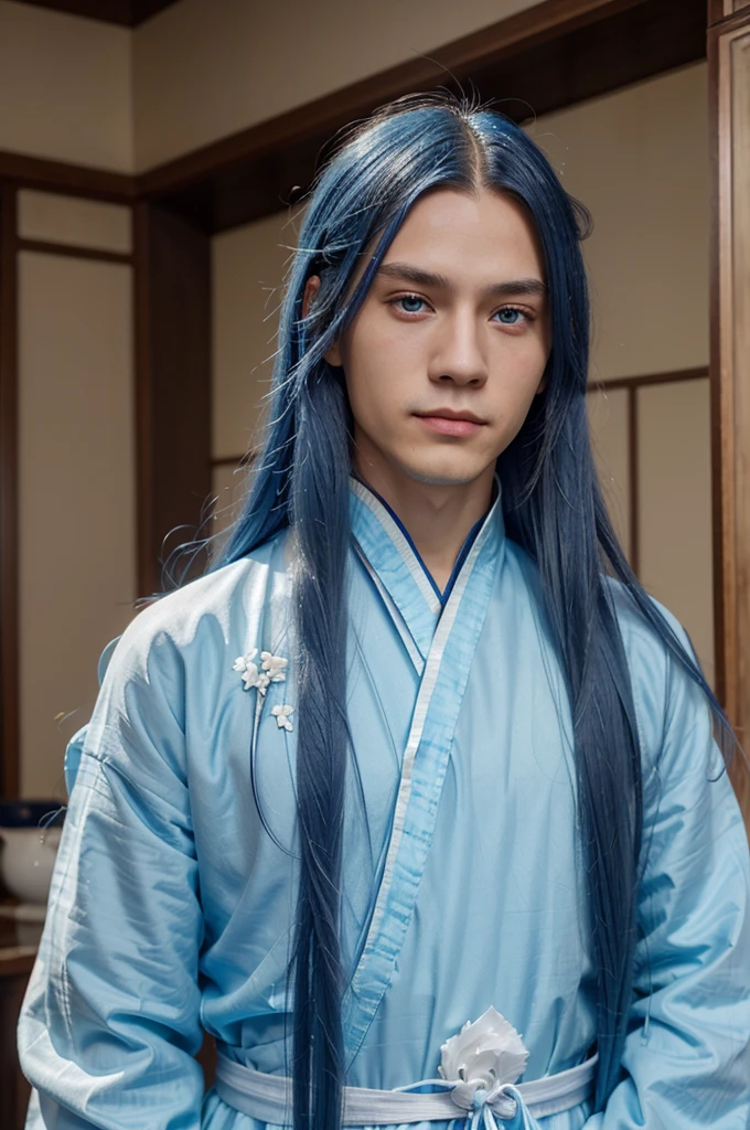 A young man, without a beard, long blue hair, Blue eyes, White skin, china, Hanfu, blue clothes