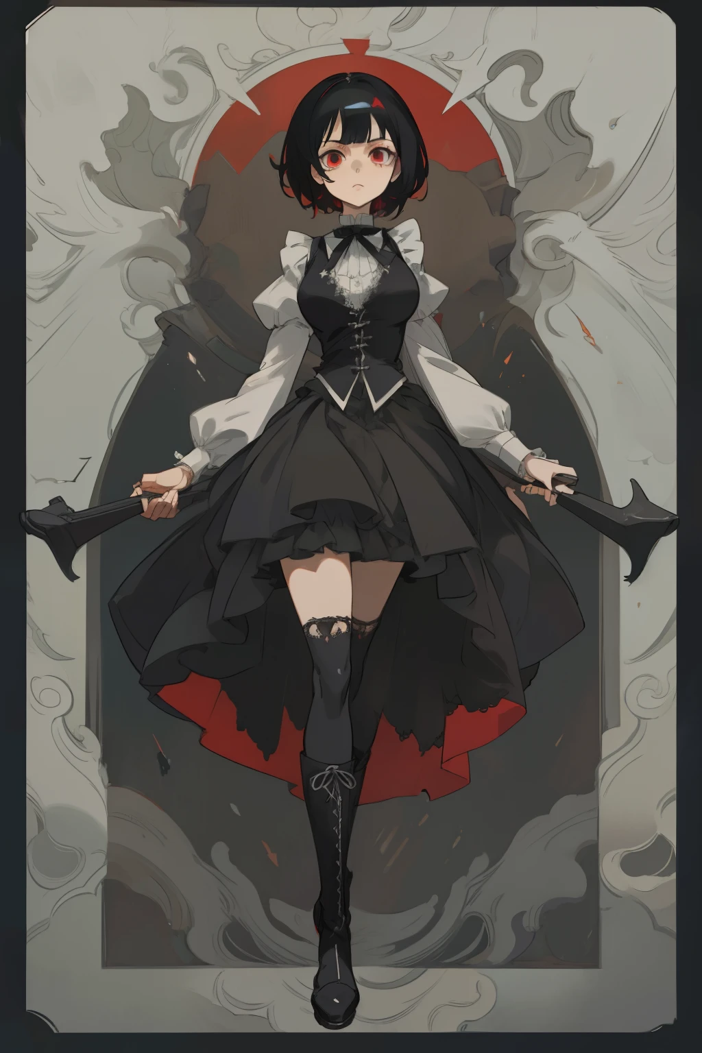 Mature girl, anime female character, short black hair, bangs, red eyes, vest, boots, full body shot, pose, elegant, bangs, ouji fashion, "Black Butler" inspired outfit., anime, Gothic art, anime, Gothic art, masterpiece, anatomically correct, accurate, high details, highres, 4K, 8K, highres, 1080P, super detail, masterpiece, anatomically correct