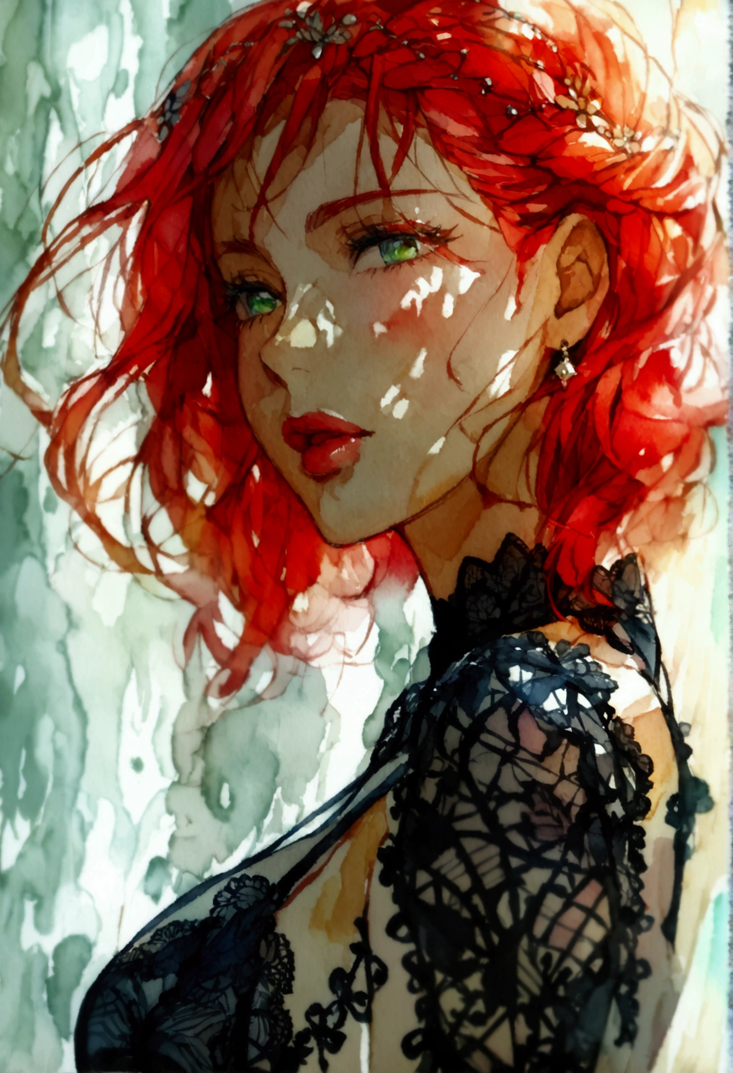 Black woman with red hair and bright green eyes, Wear elegant party clothes, Scattered outlines and white background, Intricate details, Modest, watercolor, splash、Sexy Lingerie