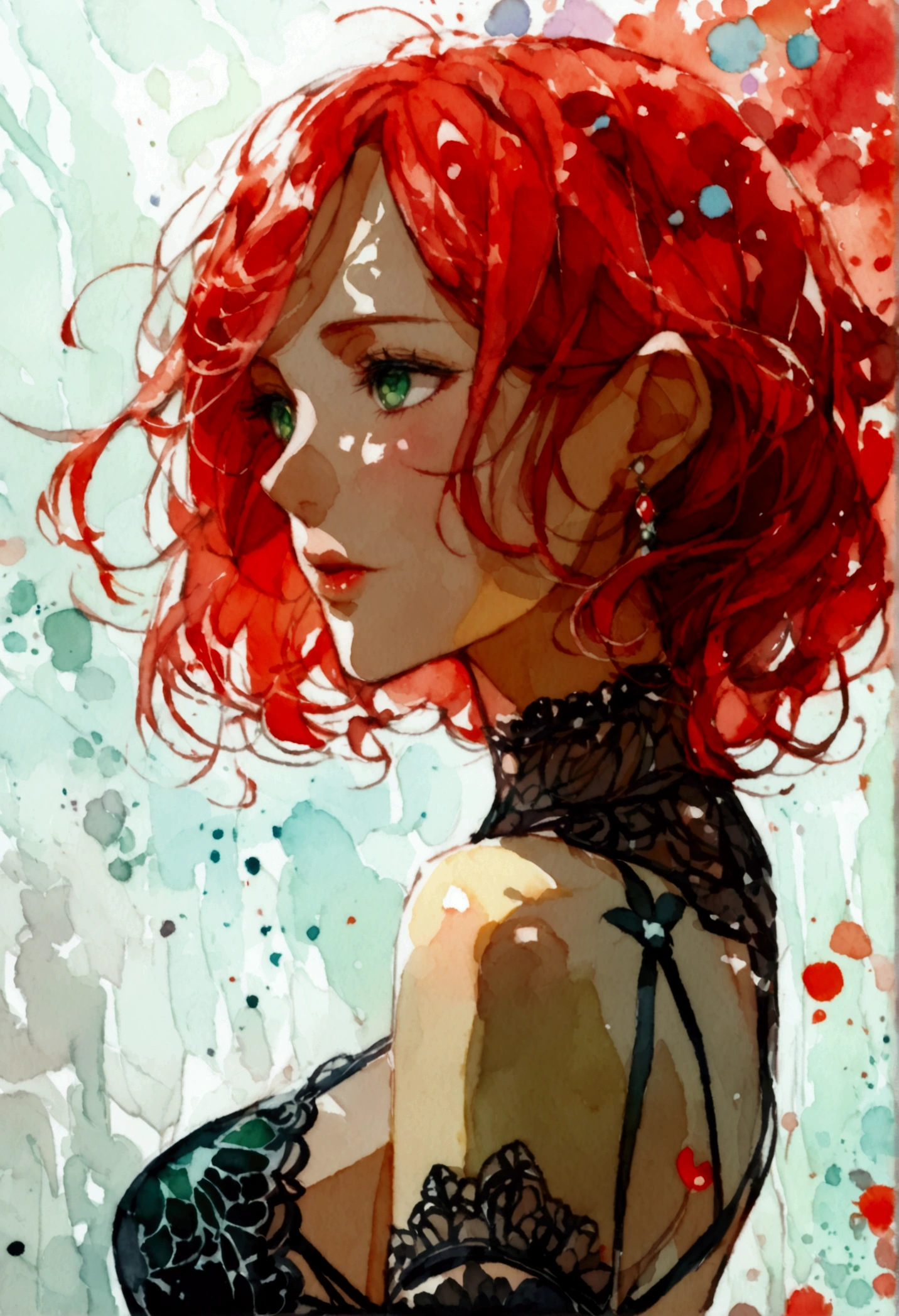 Black woman with red hair and bright green eyes, Wear elegant party clothes, Scattered outlines and white background, Intricate details, Modest, watercolor, splash、Sexy Lingerie