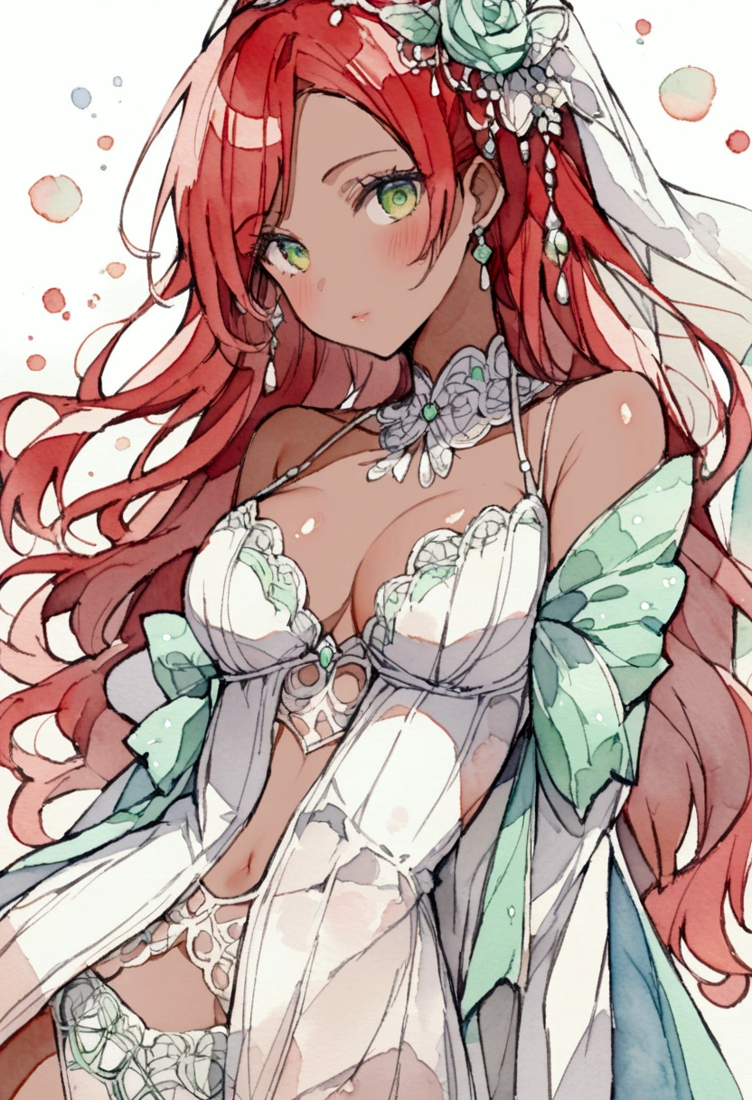 Black woman with red hair and bright green eyes, Wear elegant party clothes, Scattered outlines and white background, Intricate details, Modest, watercolor, splash、Sexy Lingerie