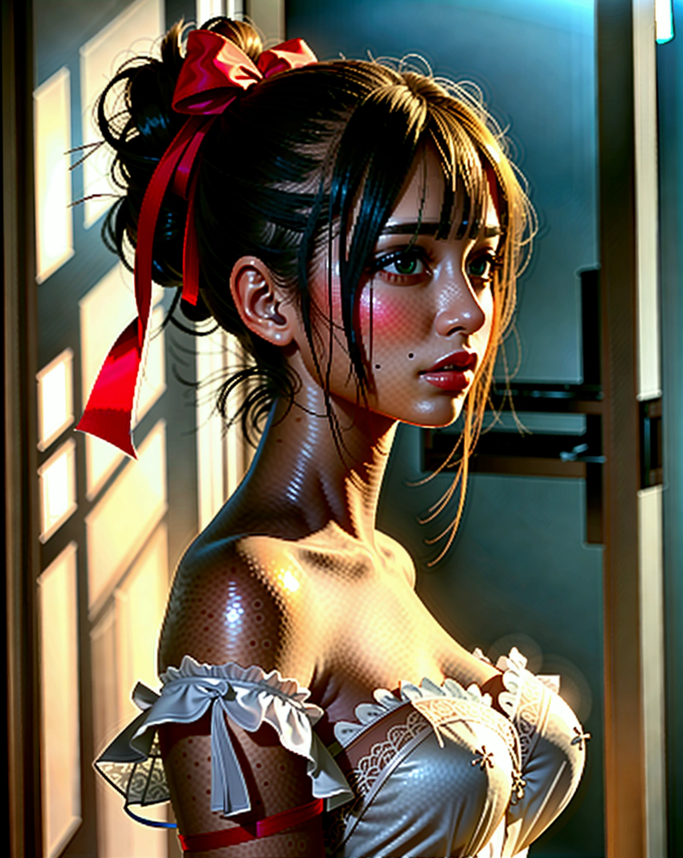 She's standing face to face in her room at night,She wears a very sexy transparent tulle nightgown She has her hair tied up with a red ribbon She has medium round and perky breasts underneath her white tulle shirt.Slim waist, beautiful legs, beautiful eyes, perfect skin Short layered nightgown in transparent tulle fabric, 1 solo, Style: portrait, blurred background f1.2, full HD resolution, 8k, Dark vignette at the edges, cinematic effect with soft shadows and light and shadow curve at -10, best quality, professional realistic, detailed eye, double eyelid, brighten skin, real hair, realistic skin texture, Masterpiece texture, realistic clothing texture, perfect face and body.