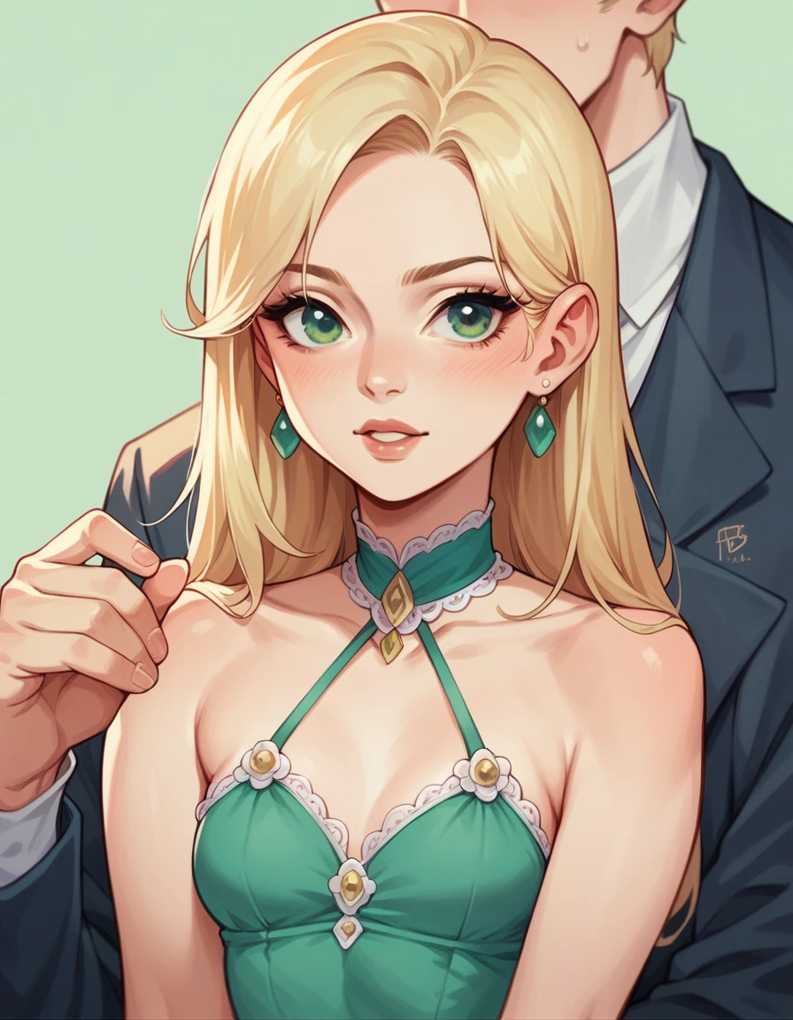A super beautiful girl with blonde hair, green eyes, fair skin, a baby face, fashionable clothes, small breasts and straight hair, watches her beautiful mother being seduced by a man she doesn't know.
