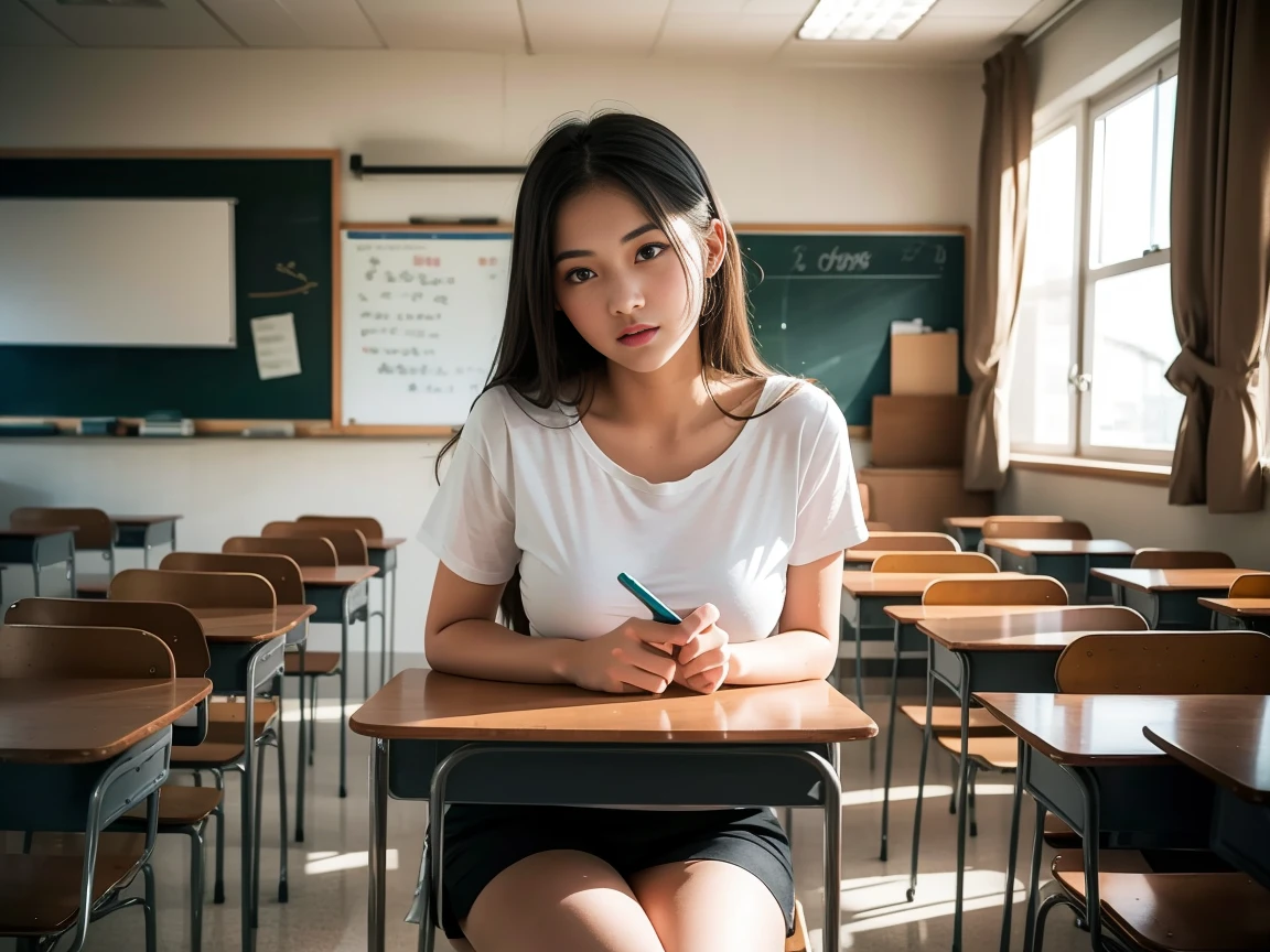 Beautiful  Woman , Sit on a chair ,classroom